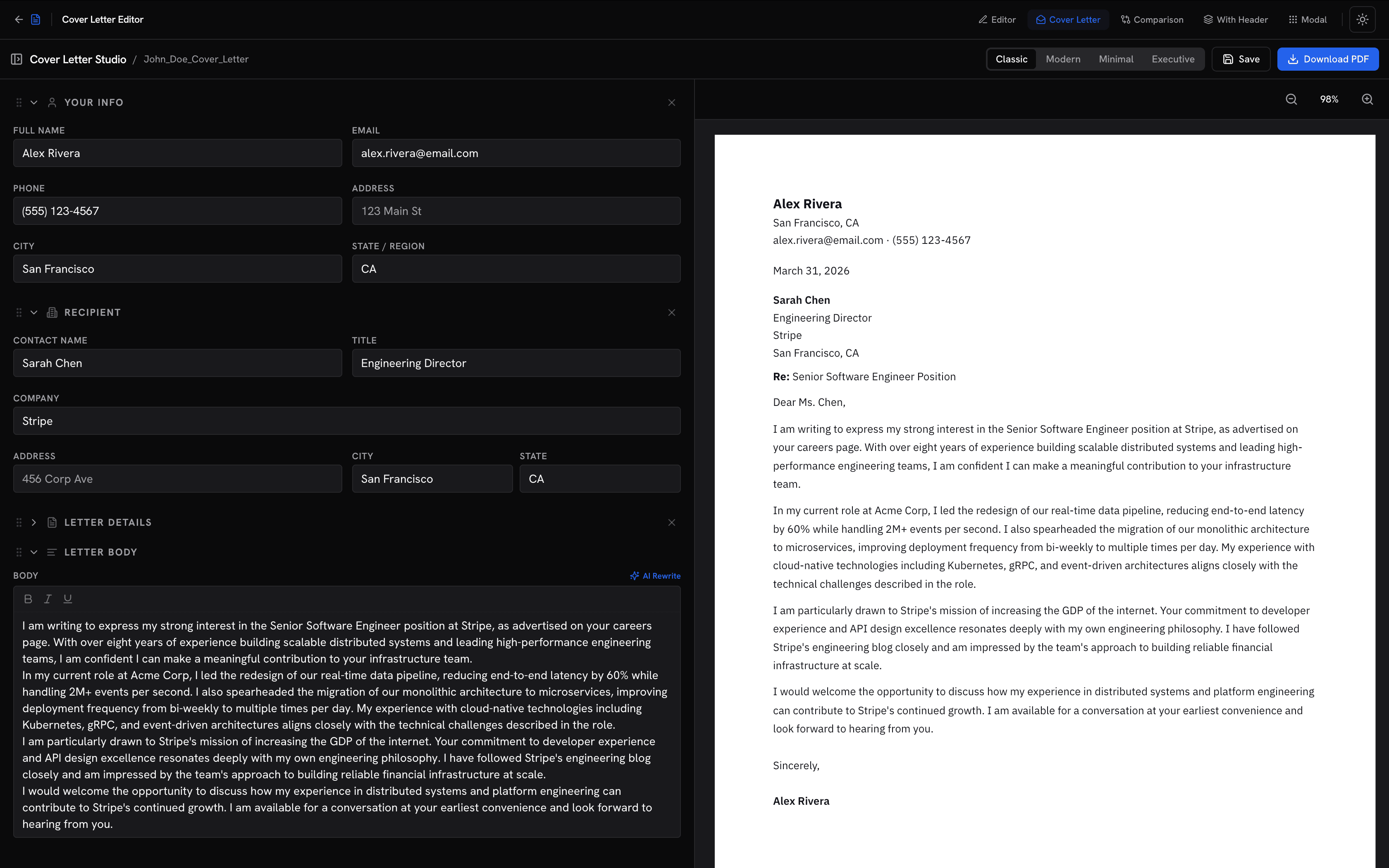 JobJam cover letter editor showing generated letter with live preview and AI Rewrite option