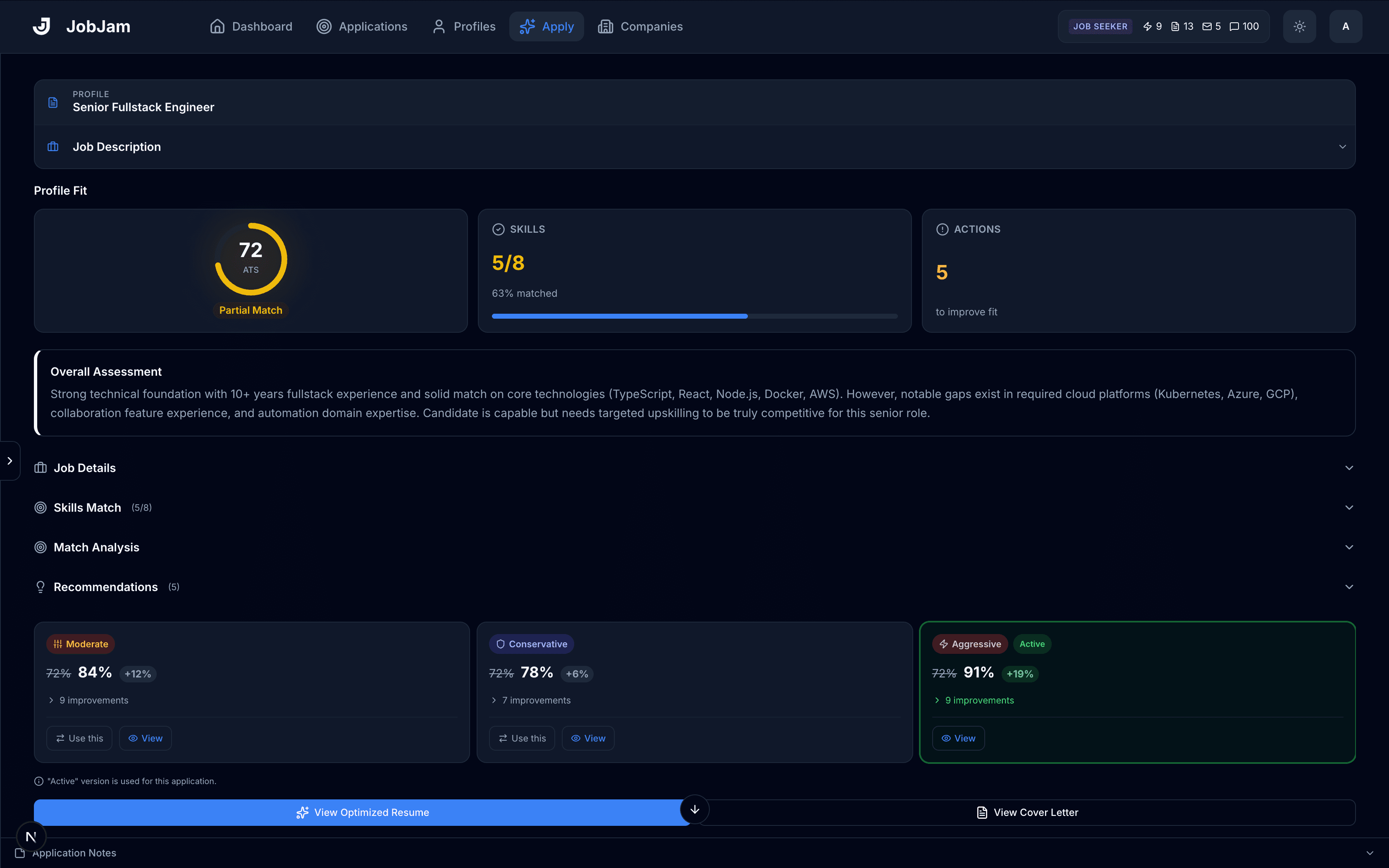 JobJam showing three resume optimization levels (Moderate, Conservative, and Aggressive) with ATS score improvements