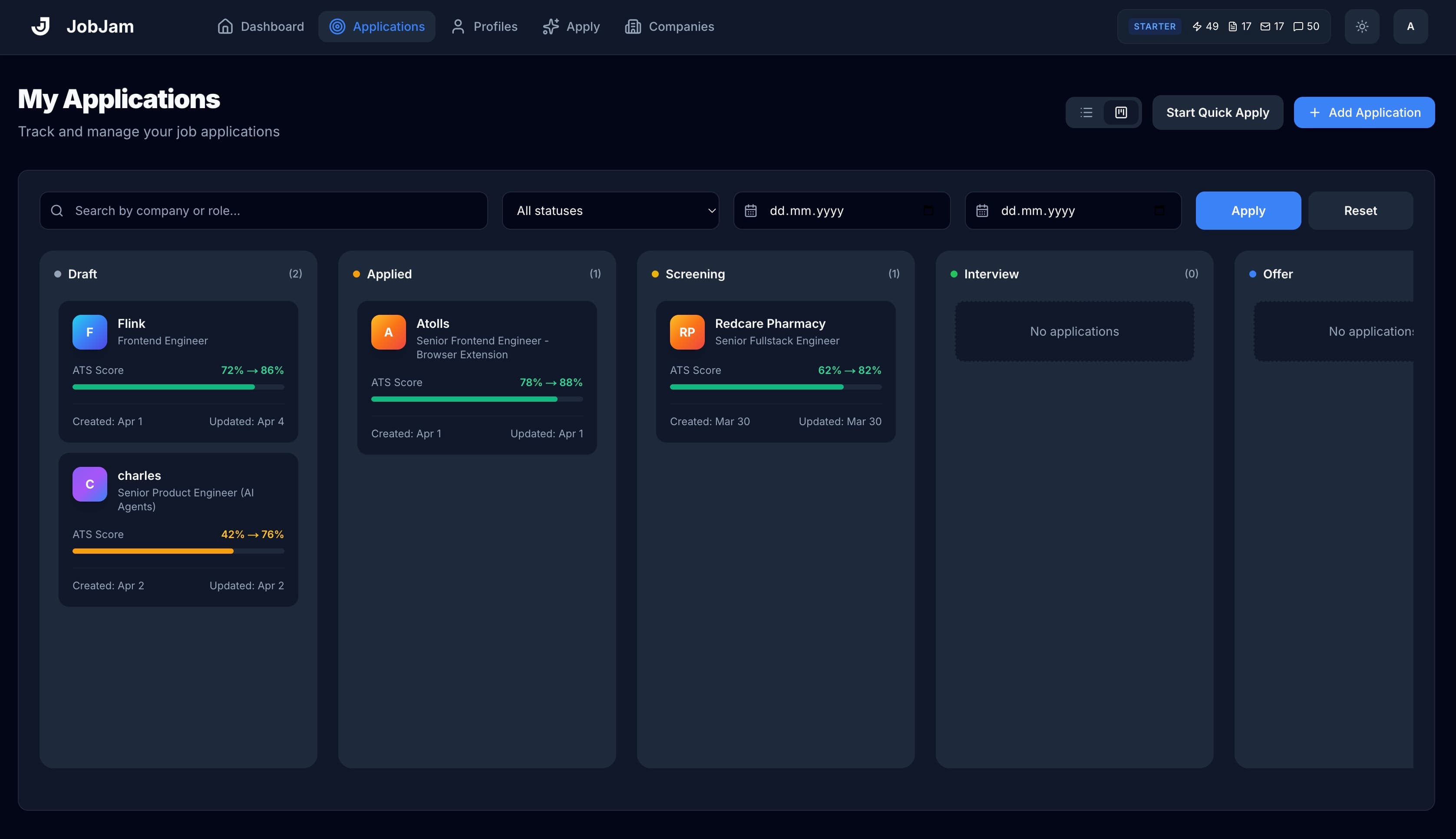 JobJam kanban board showing applications across Draft, Applied, Screening, Interview, and Offer stages