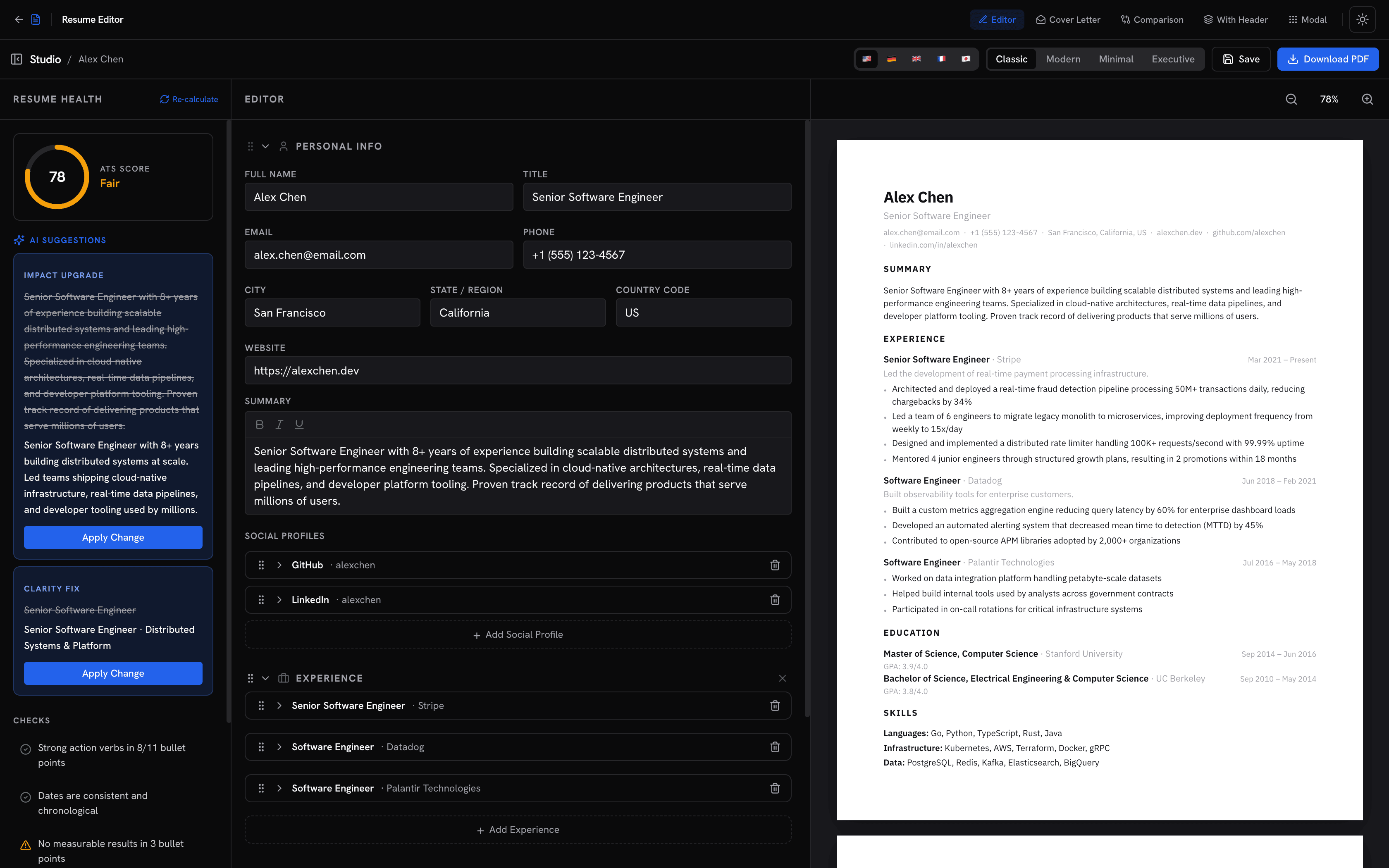 JobJam resume editor with AI suggestions and resume health checks