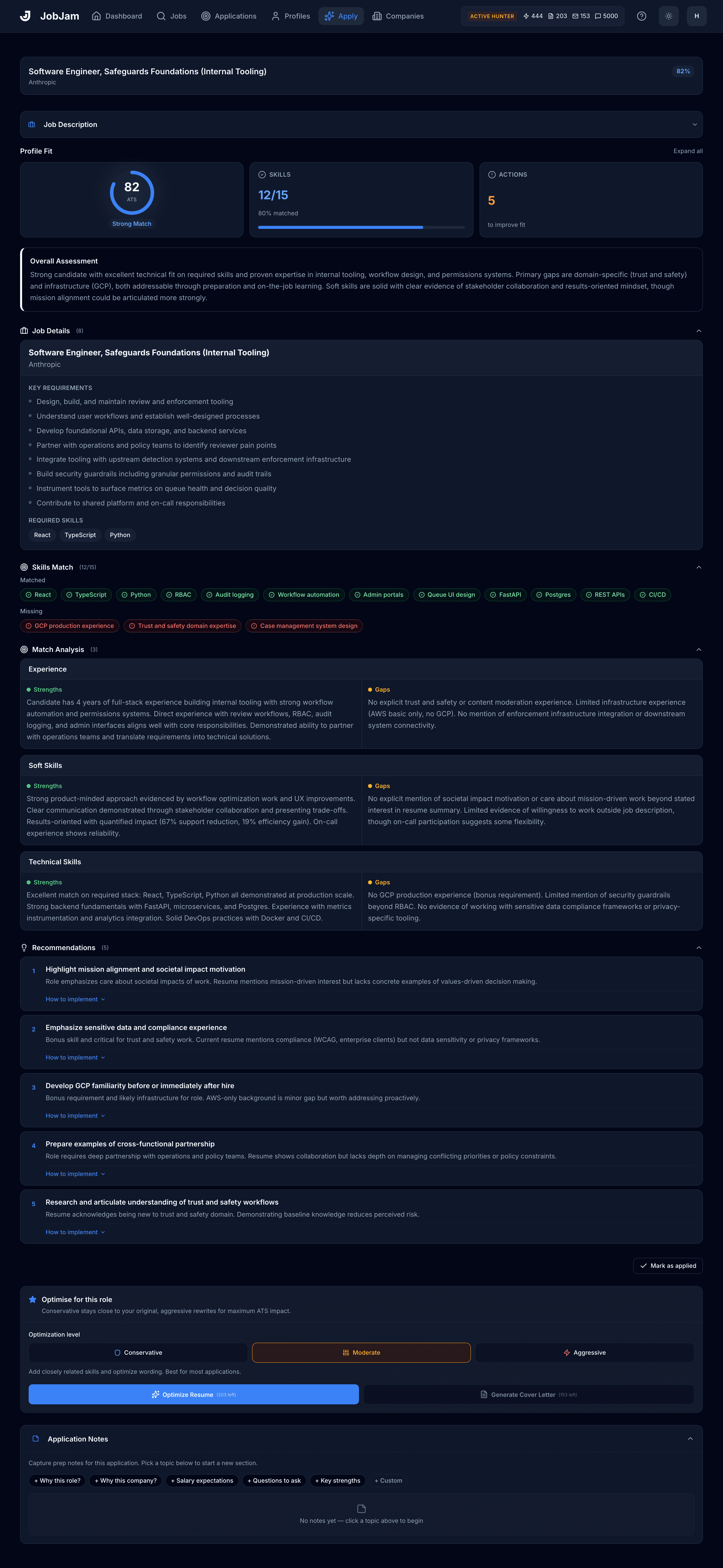 Full JobJam dashboard for Tobias Wrenfield's evaluation against Anthropic's Software Engineer, Safeguards Foundations (Internal Tooling) role