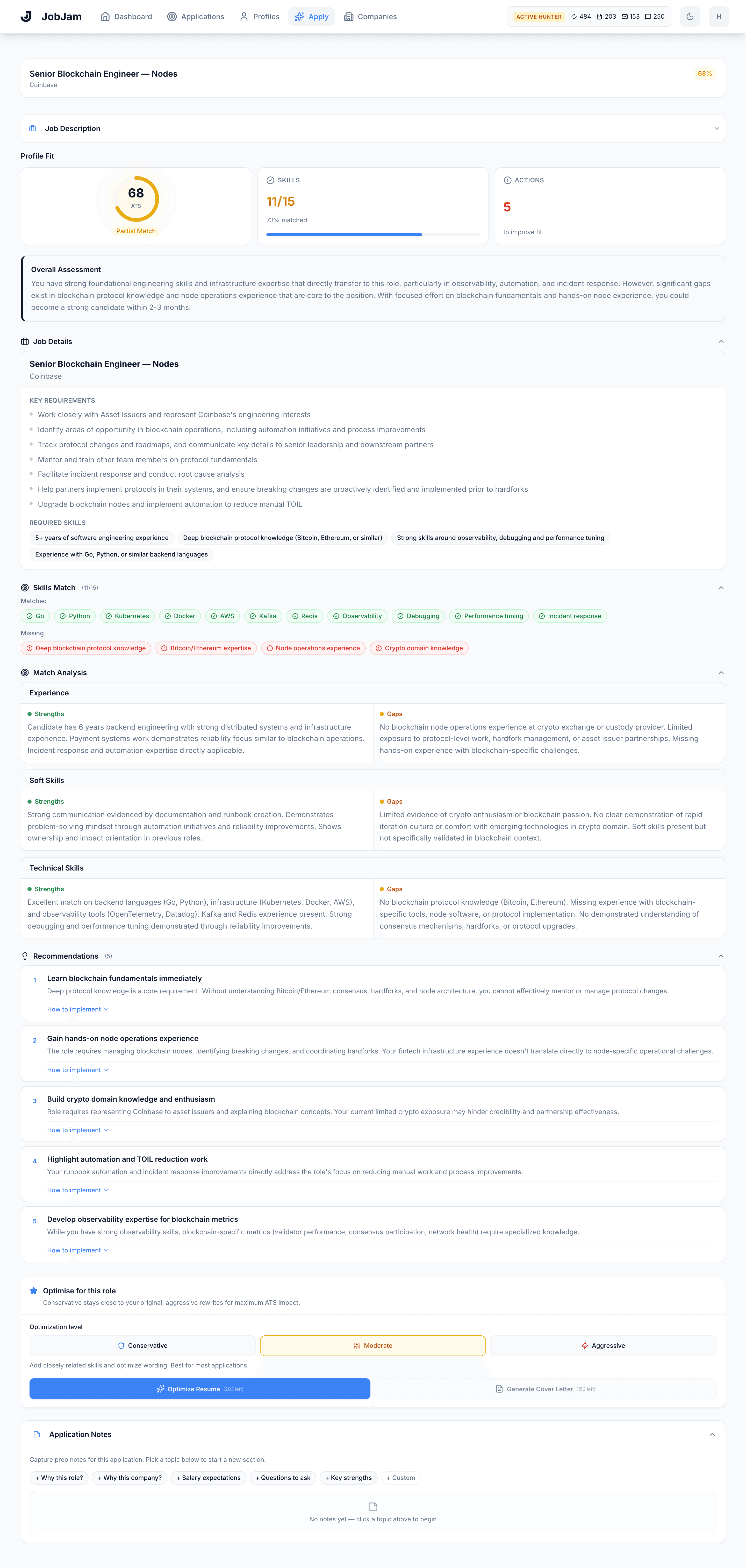 Full JobJam dashboard for Elena Vasquez's evaluation against Coinbase's Senior Blockchain Engineer, Nodes (Blockchain Platform) role