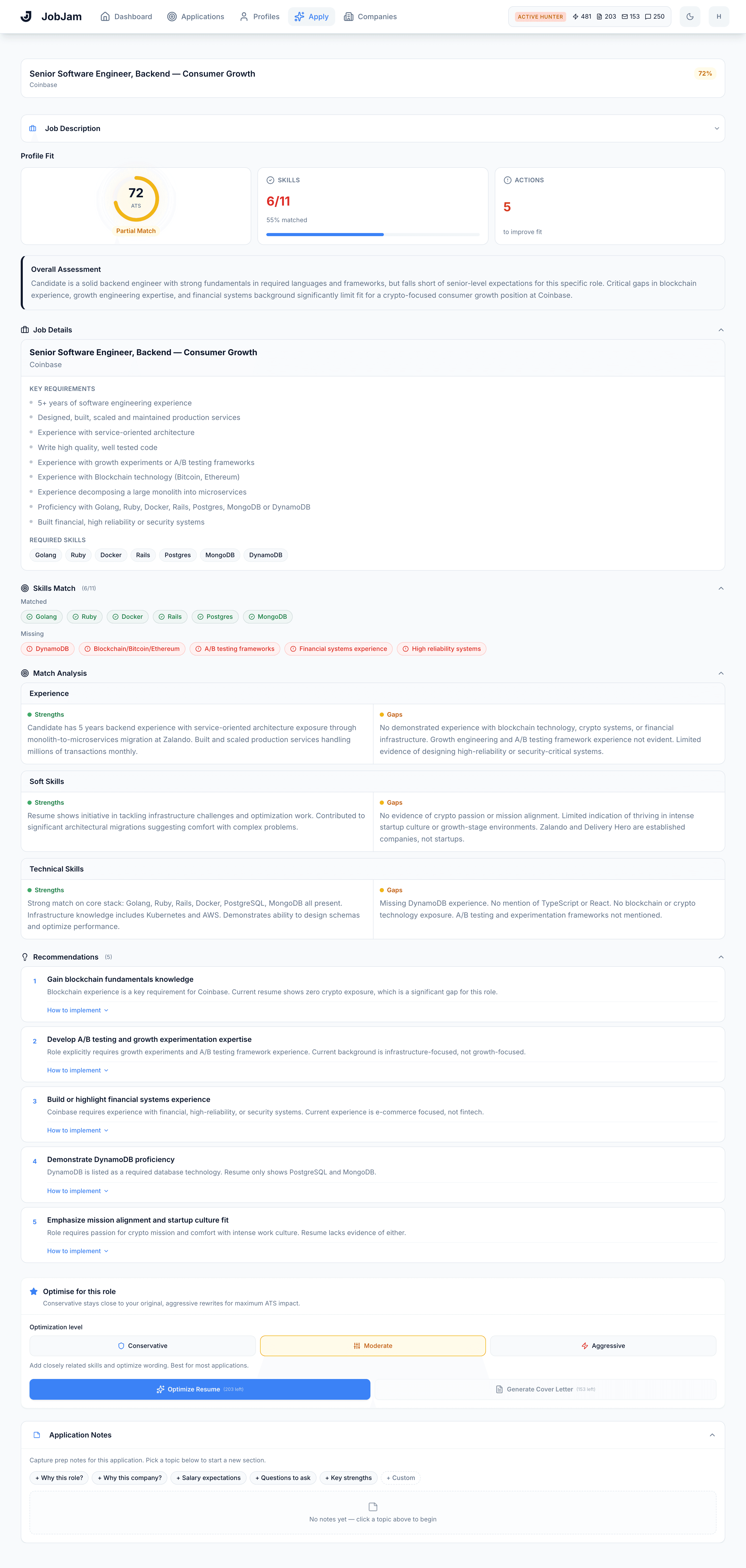 Full JobJam dashboard for Thomas Bergmann's evaluation against Coinbase's Senior Software Engineer, Backend, Consumer Growth role