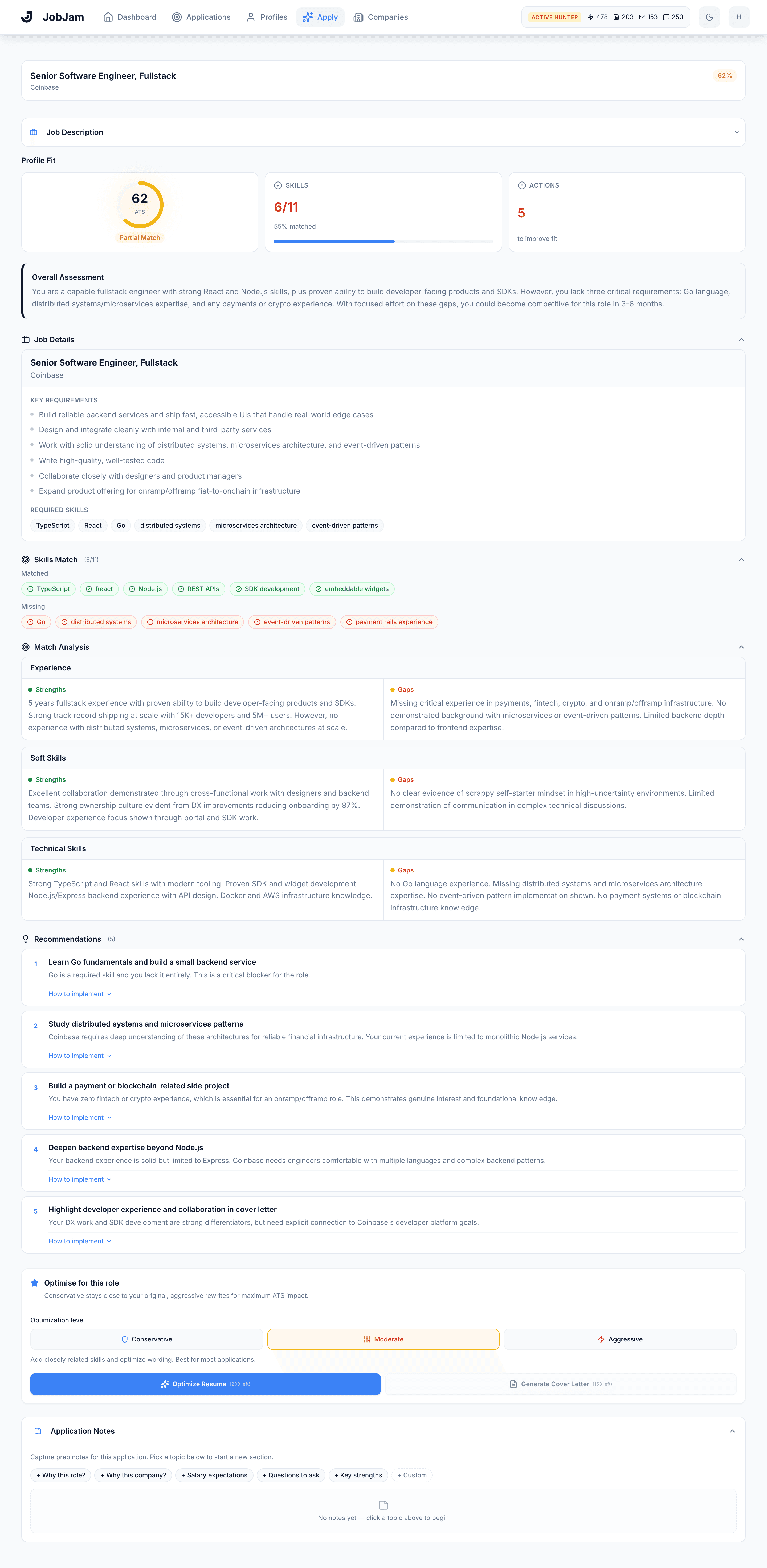 Full JobJam dashboard for Jessica Park's evaluation against Coinbase's Senior Software Engineer, Fullstack, Developer Onramp role