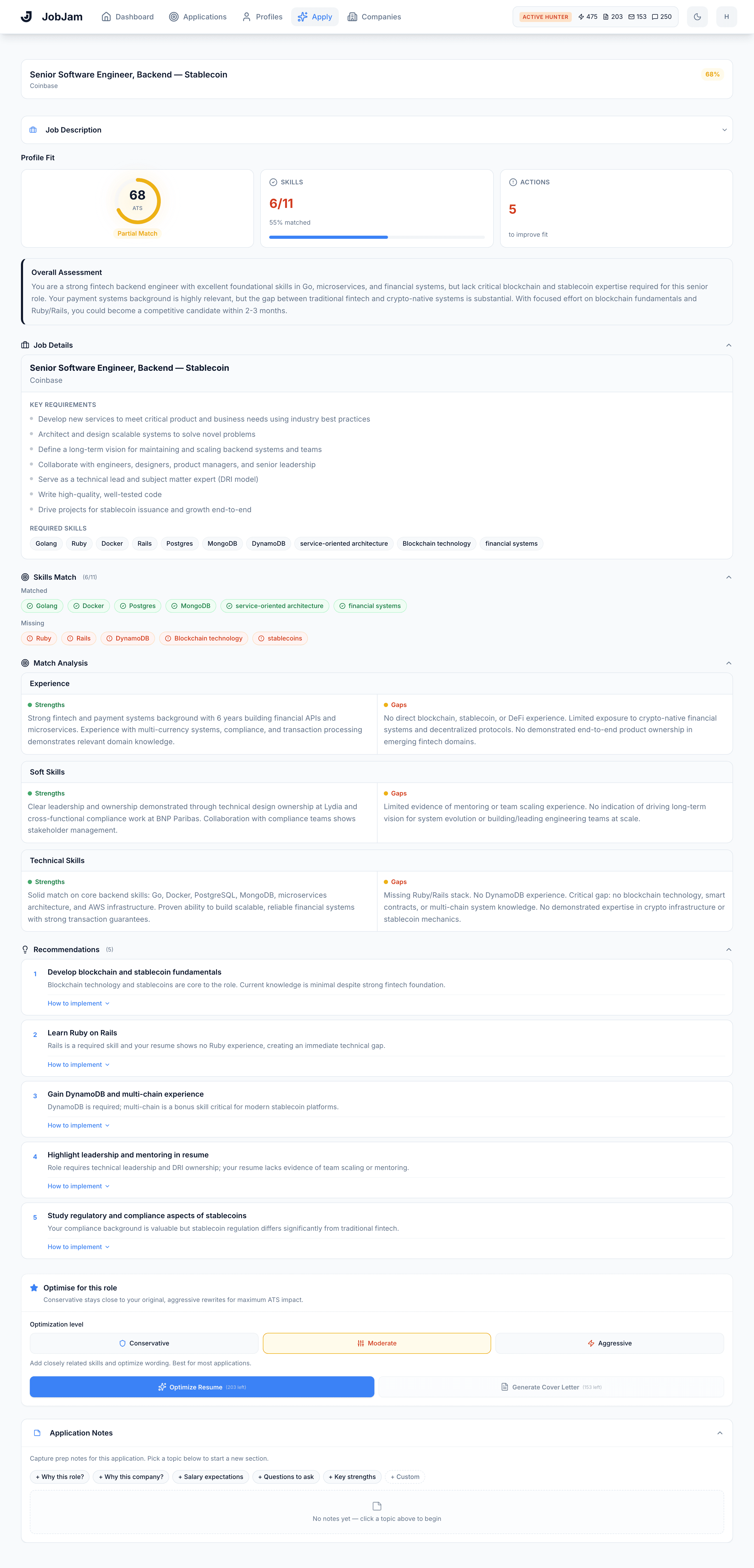 Full JobJam dashboard for Marie Dubois's evaluation against Coinbase's Senior Software Engineer, Backend, Stablecoin role