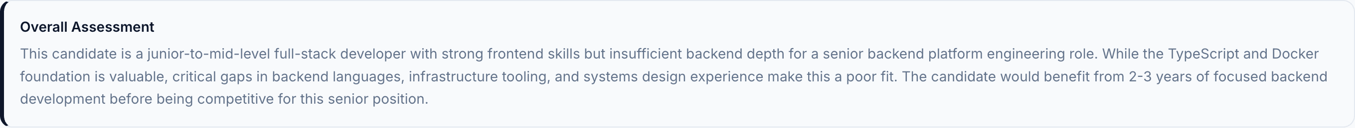 JobJam overall assessment for Lena Vogel, junior-to-mid full-stack, insufficient backend depth for senior role