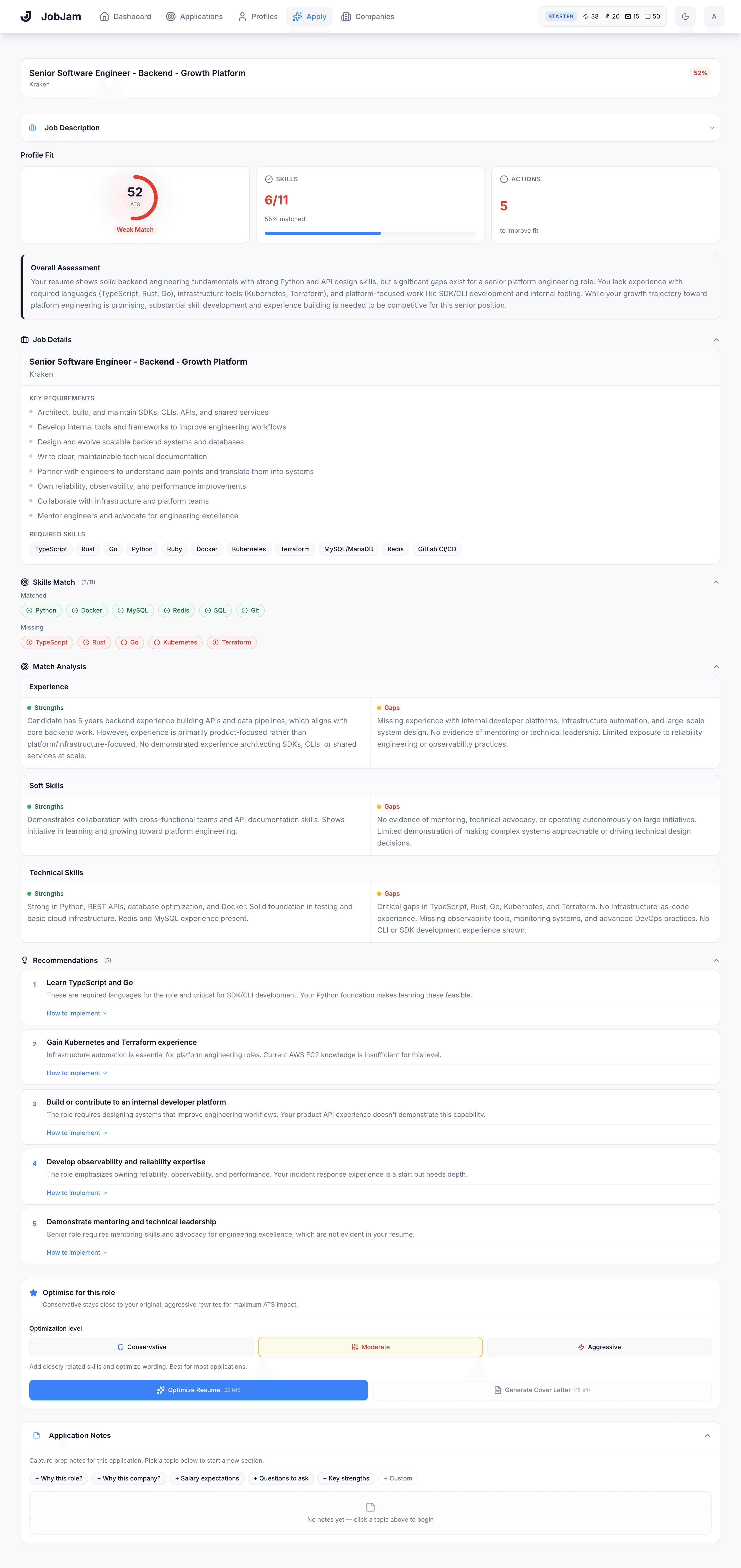 Full JobJam dashboard for Ana Costa's evaluation against Kraken's Senior Backend Engineer, Growth Platform role