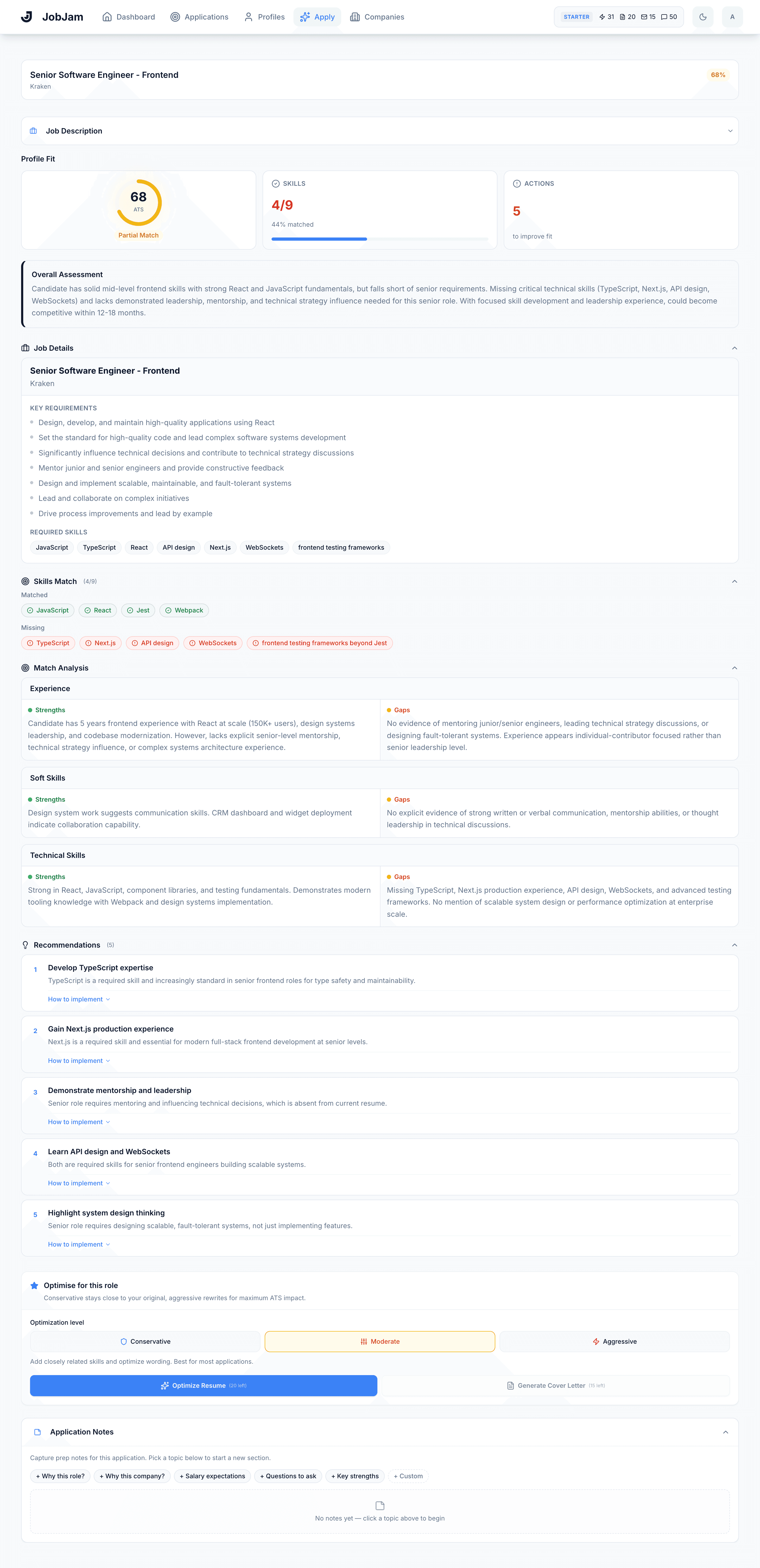 Full JobJam dashboard for Priya Nair's evaluation against Kraken's Senior Frontend Engineer, Pro role