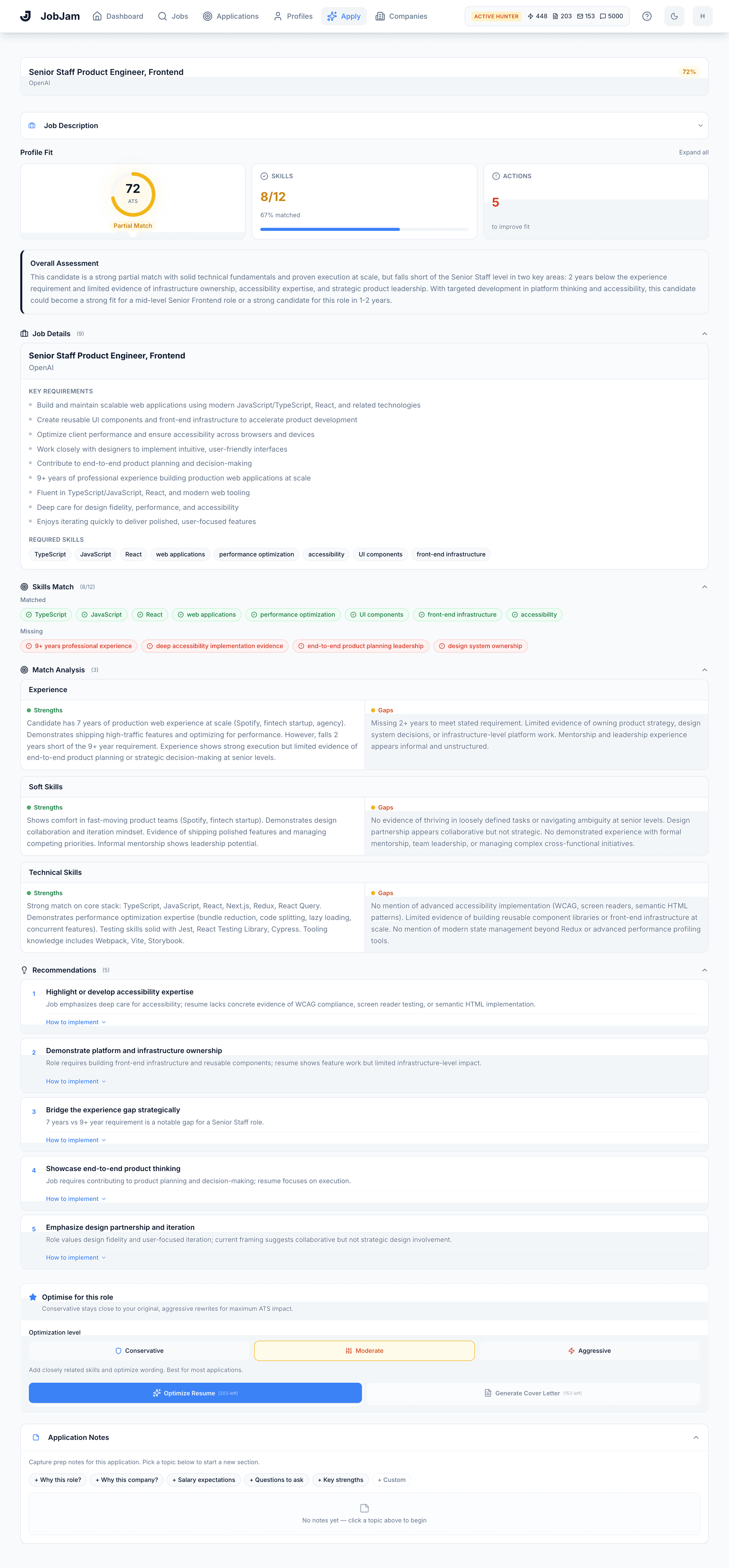 Full JobJam dashboard for Marcus Oduya's evaluation against OpenAI's Senior Staff Product Engineer, Frontend — B2B Applications role