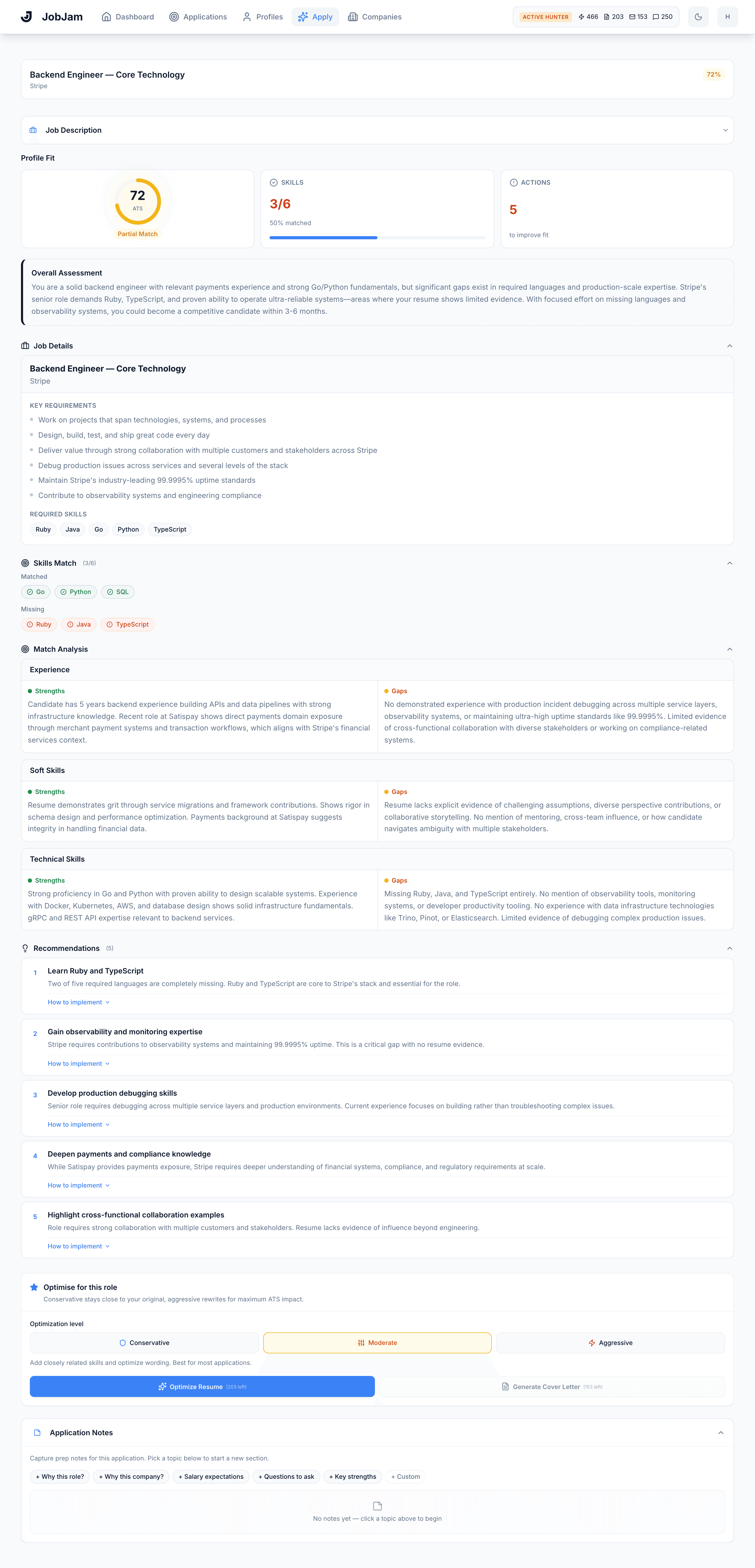 Full JobJam dashboard for Matteo Romano's evaluation against Stripe's Backend Engineer, Core Technology role