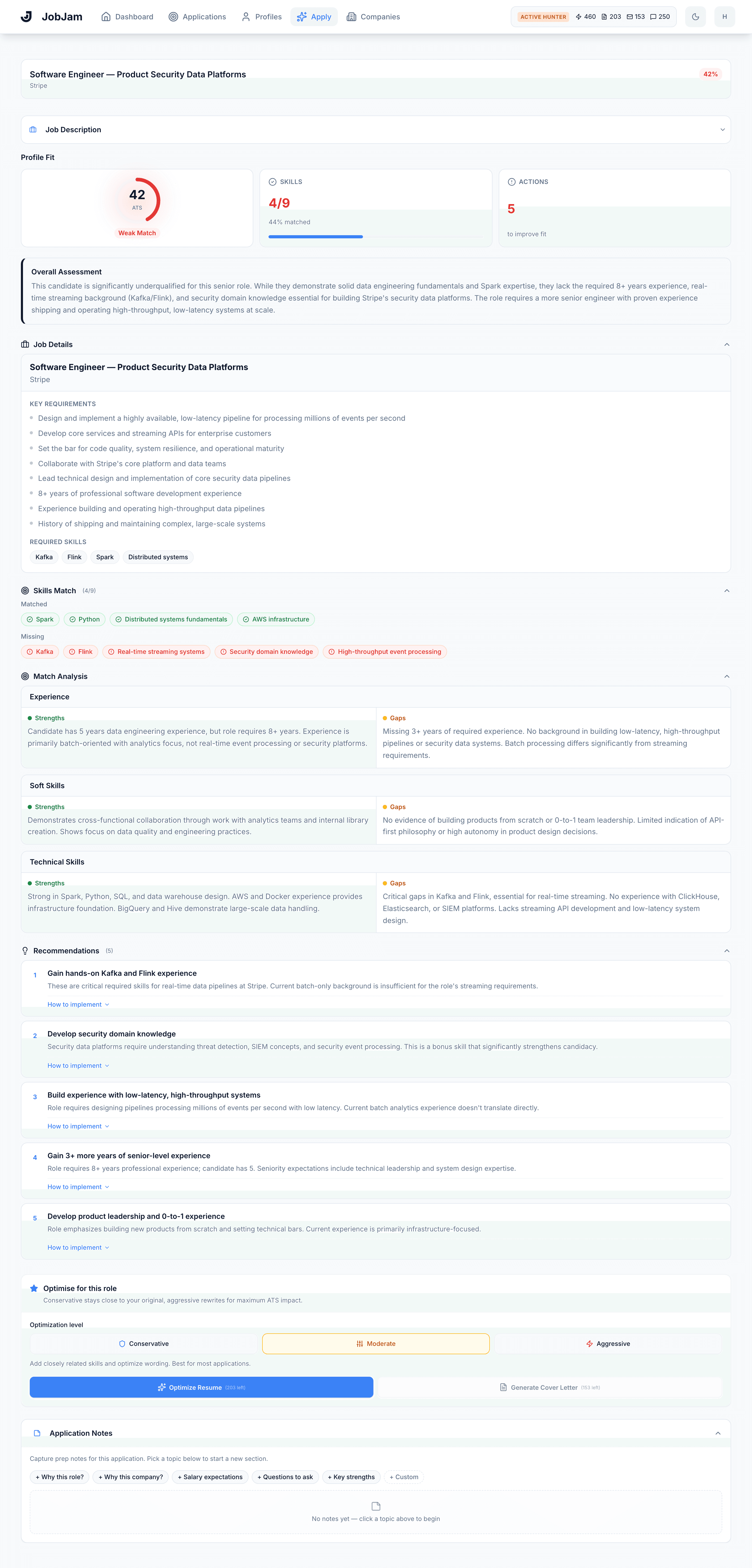 Full JobJam dashboard for Amara Diallo's evaluation against Stripe's Software Engineer, Product Security Data Platforms role