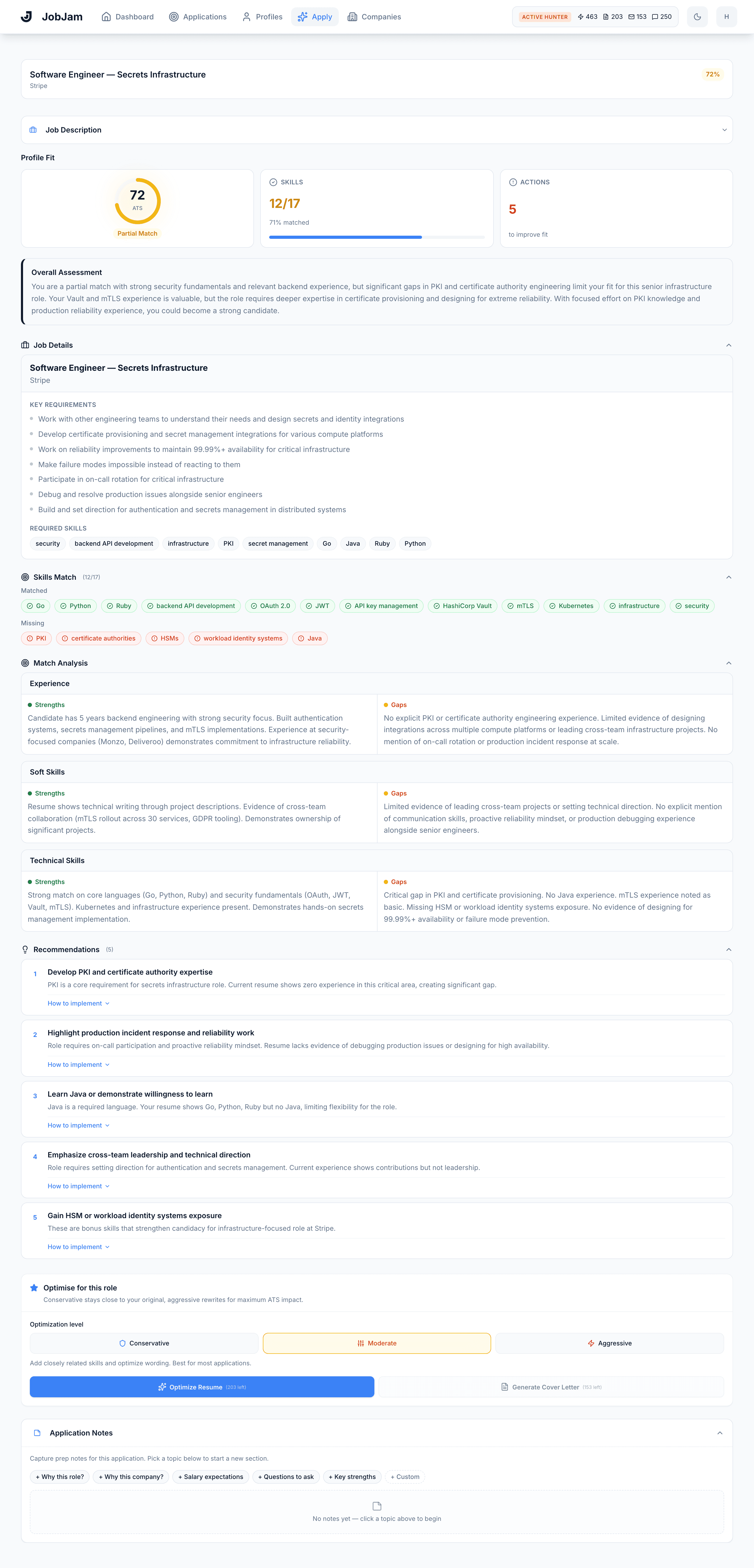 Full JobJam dashboard for Victor Nwosu's evaluation against Stripe's Software Engineer Secrets Infrastructure role