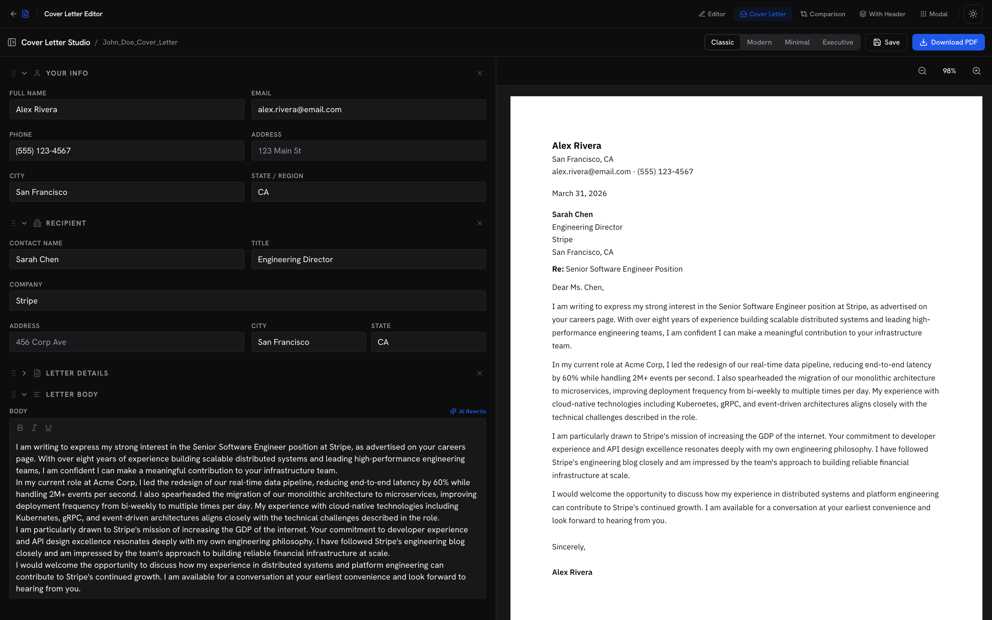 JobJam cover letter editor showing generated letter with live preview and AI Rewrite option
