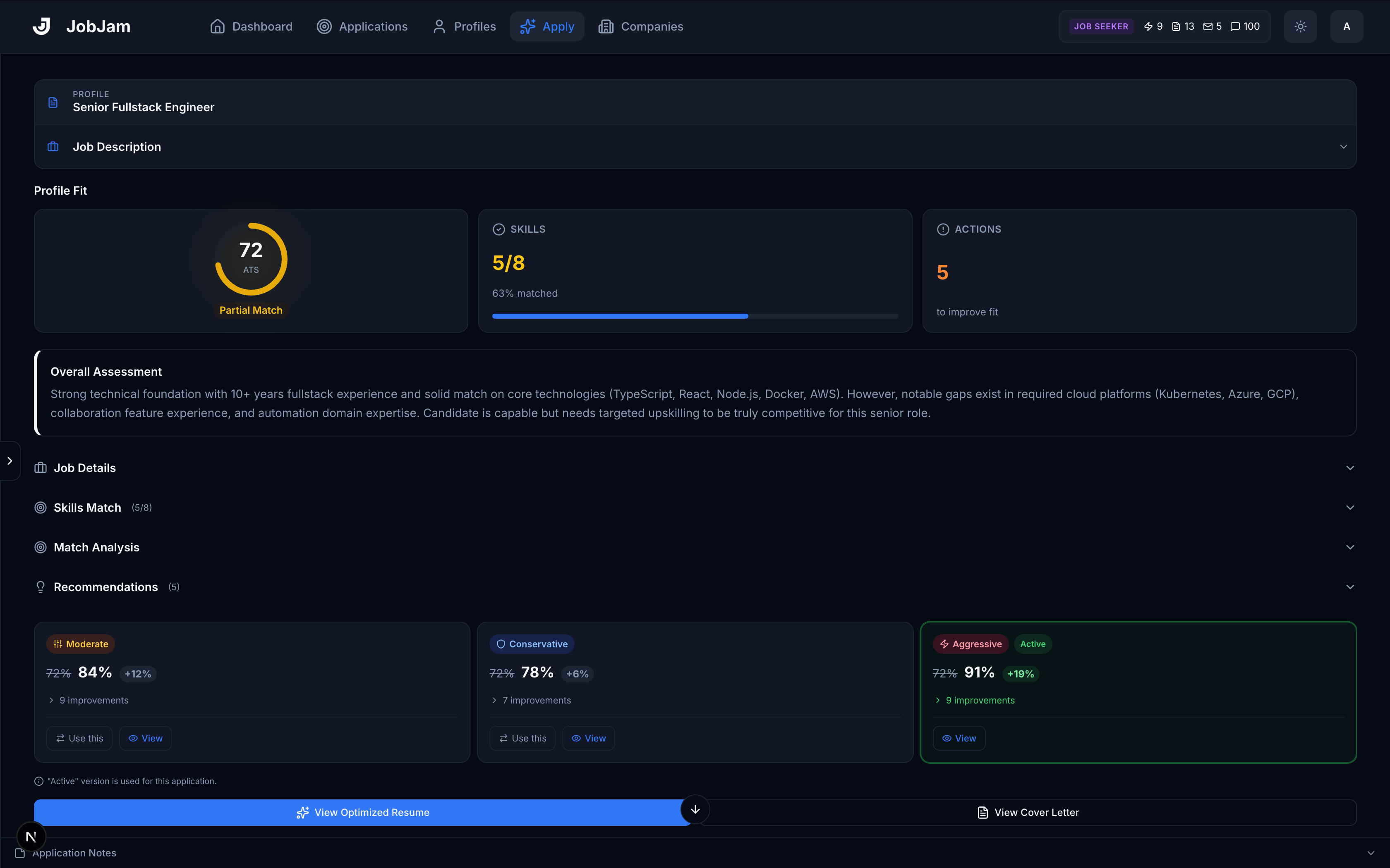 JobJam showing three resume optimization levels — Moderate, Conservative, and Aggressive — with ATS score improvements