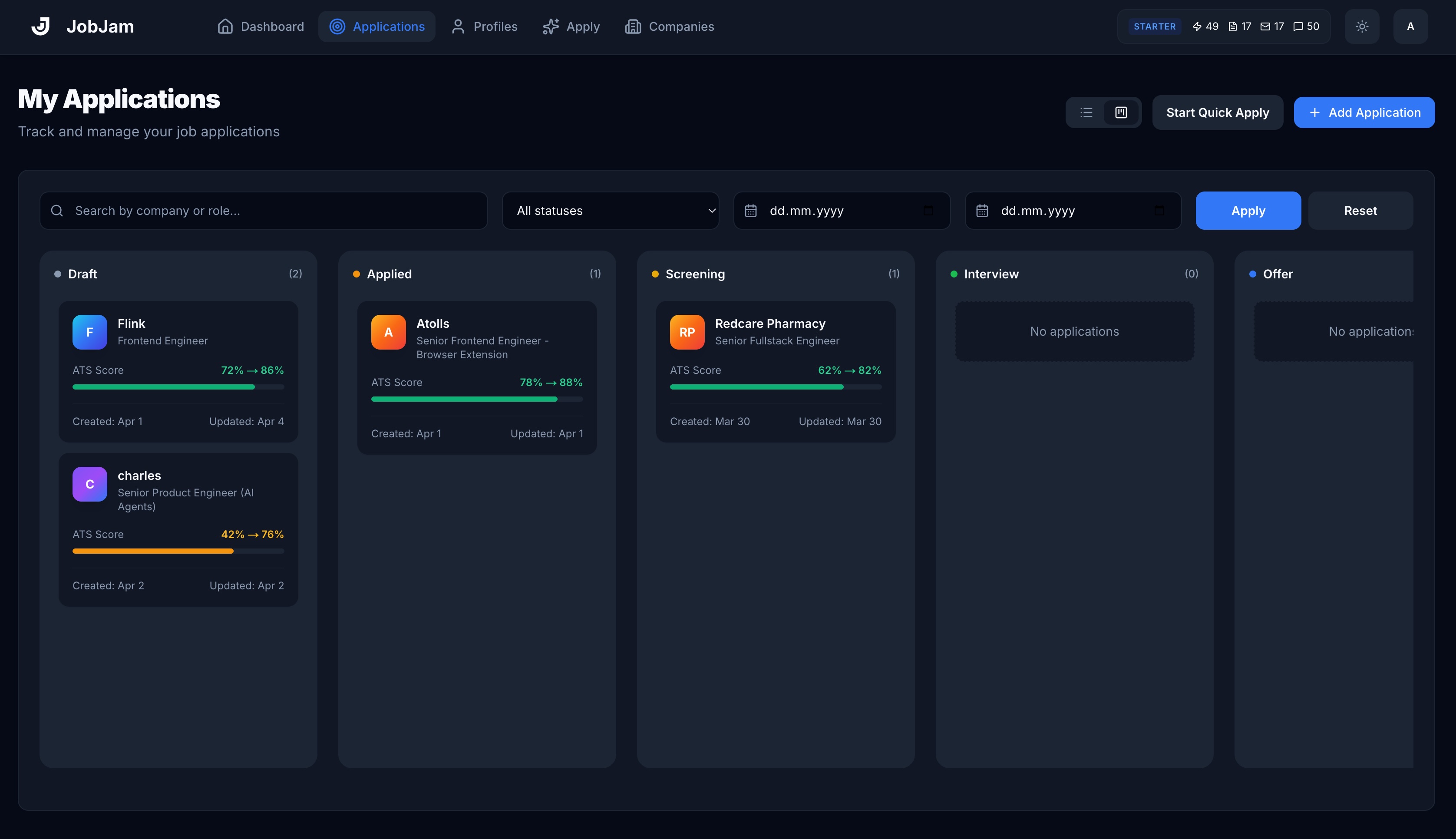 JobJam kanban board showing applications across Draft, Applied, Screening, Interview, and Offer stages