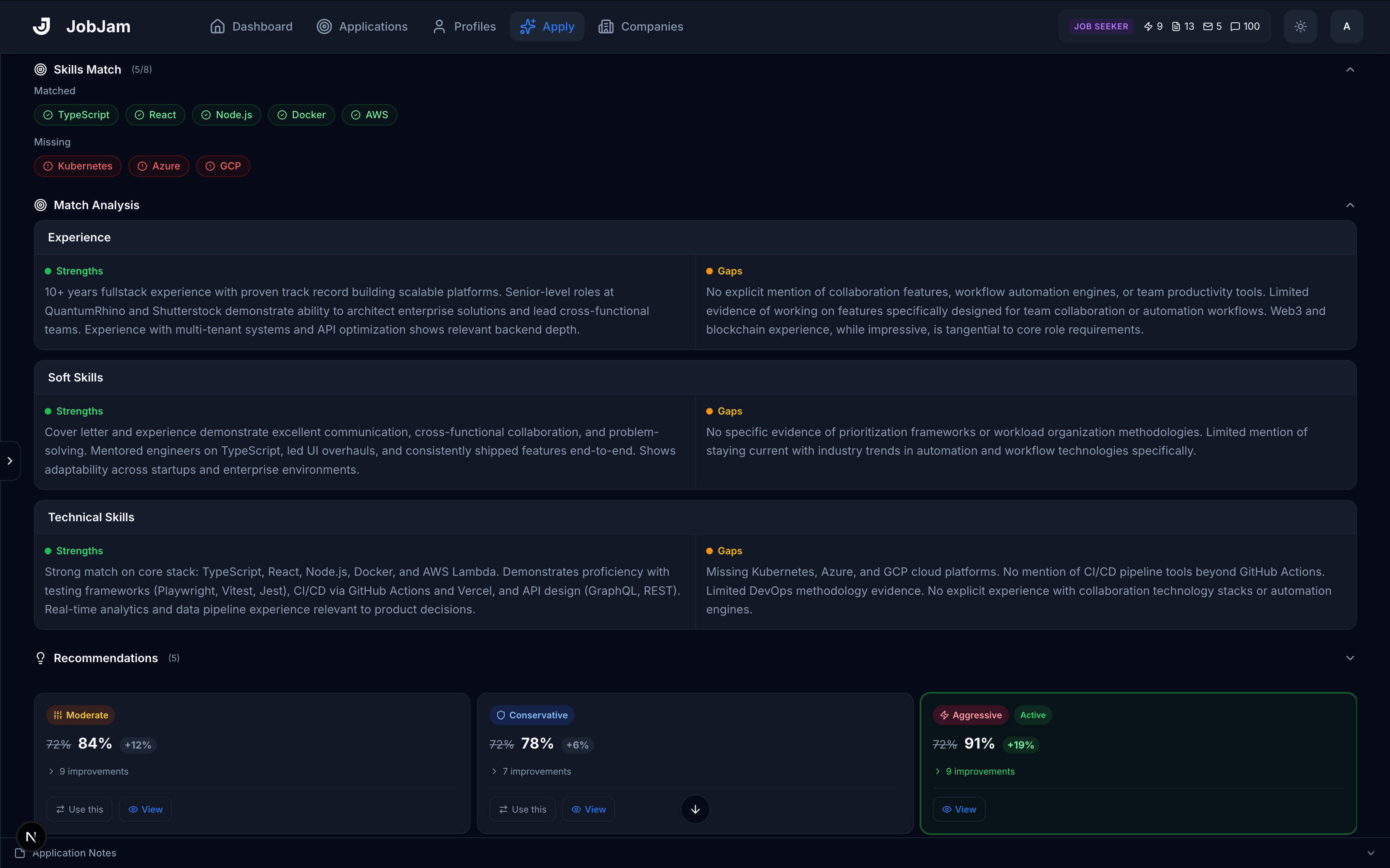 JobJam match analysis showing strengths and gaps across Experience, Soft Skills, and Technical Skills