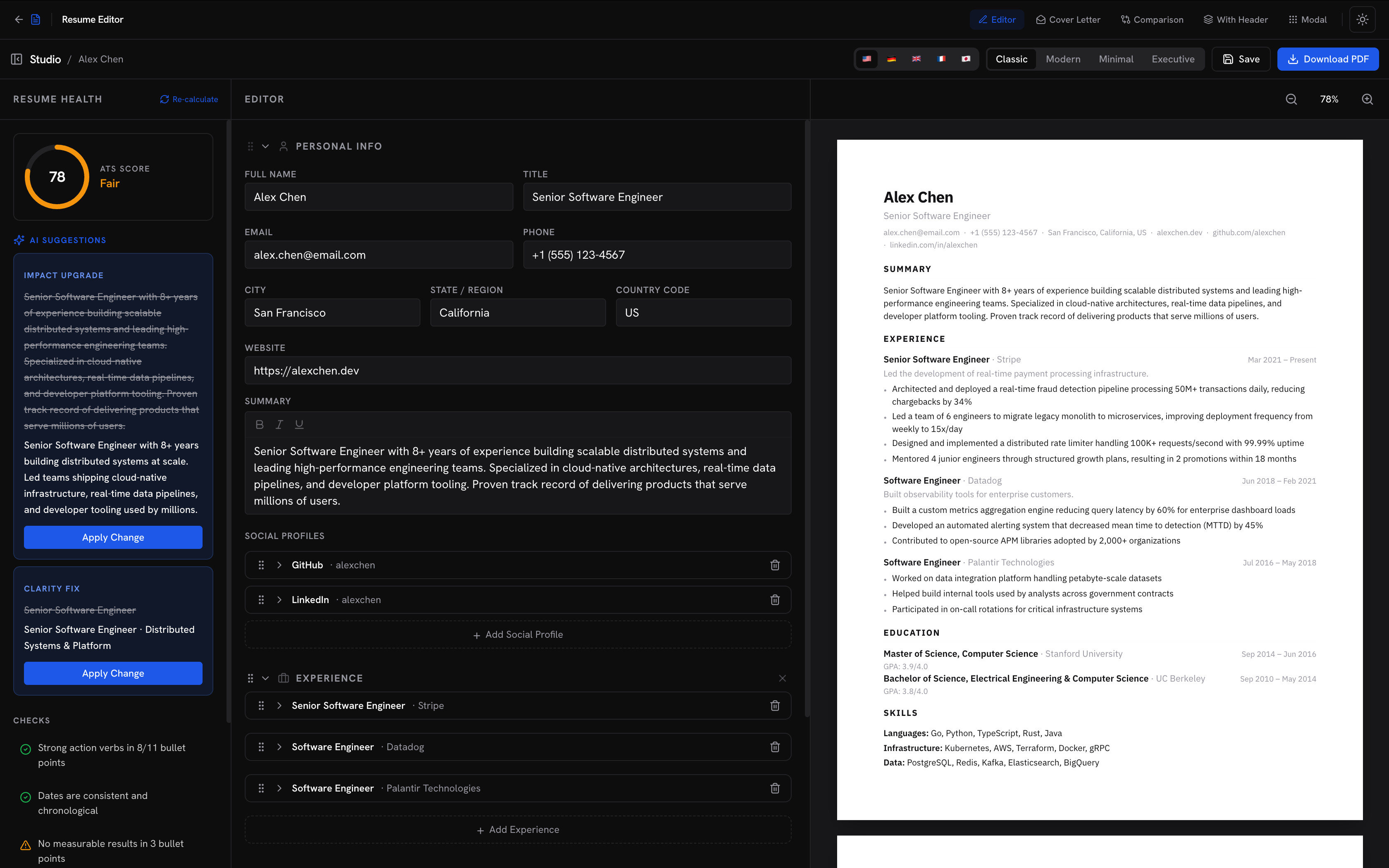 JobJam resume editor with AI suggestions and resume health checks