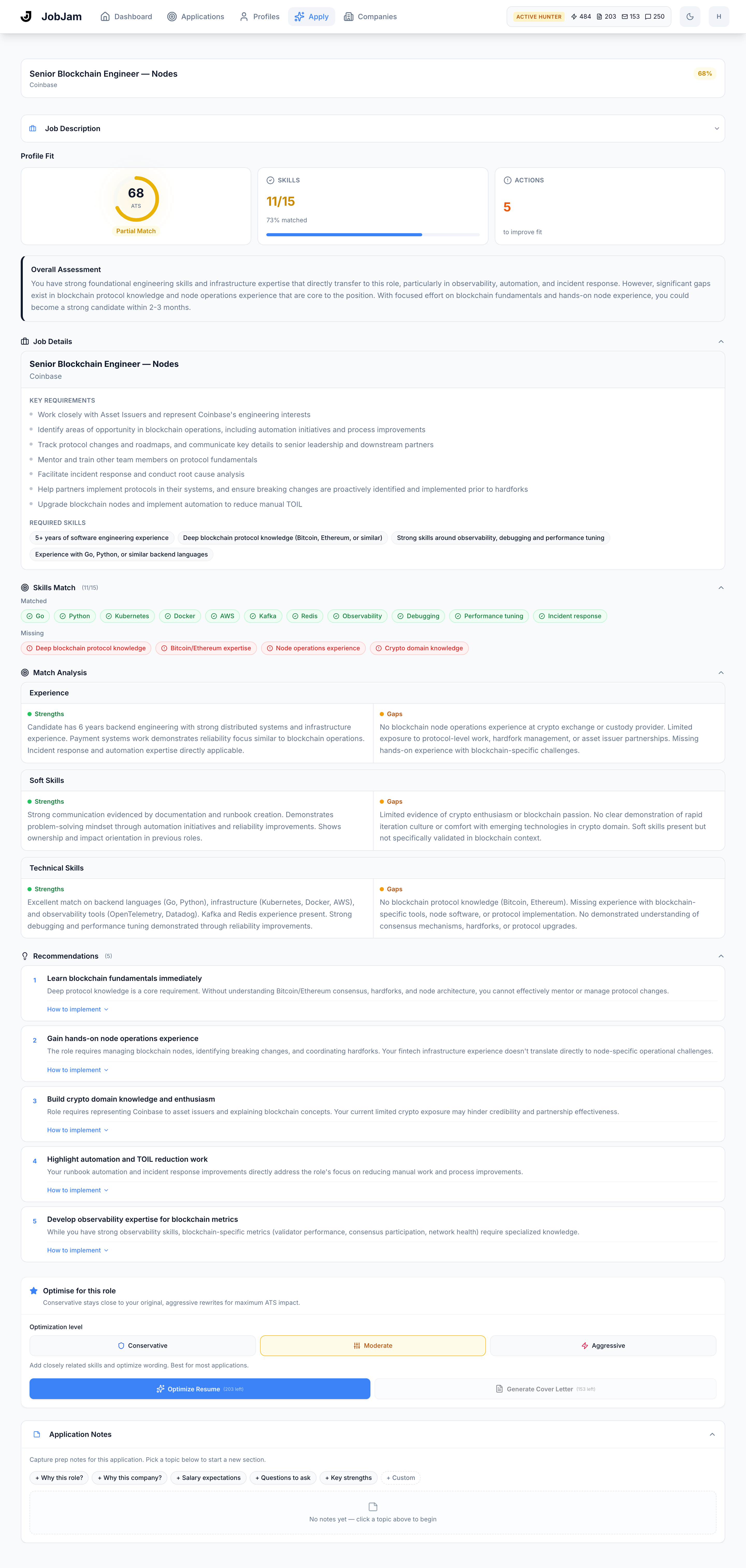 Full JobJam dashboard for Elena Vasquez's evaluation against Coinbase's Senior Blockchain Engineer — Nodes (Blockchain Platform) role