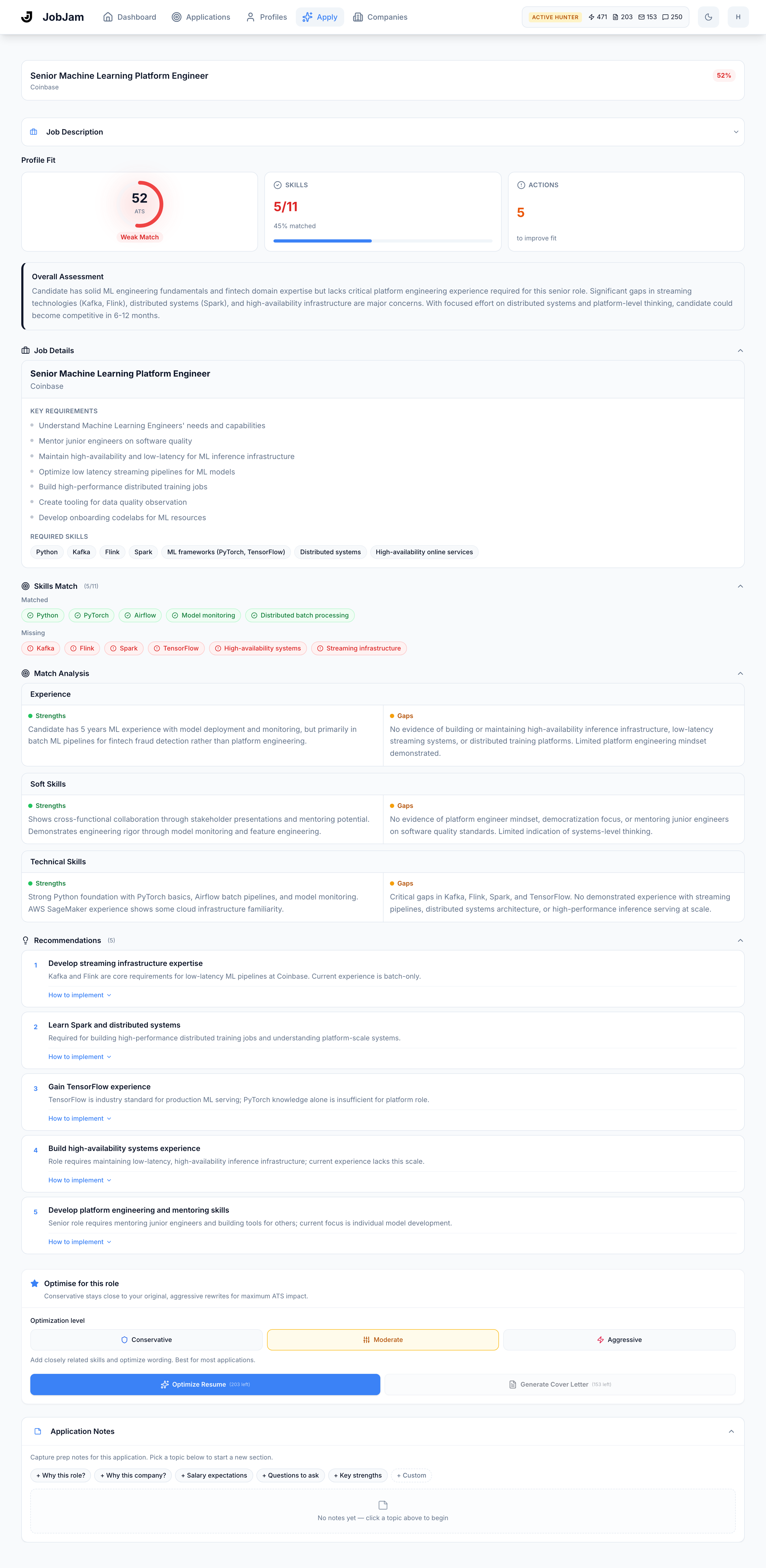 Full JobJam dashboard for Carlos Reyes's evaluation against Coinbase's Senior Machine Learning Platform Engineer role