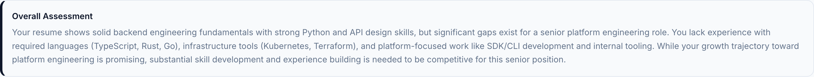 JobJam overall assessment for Ana Costa — solid fundamentals with significant platform gaps