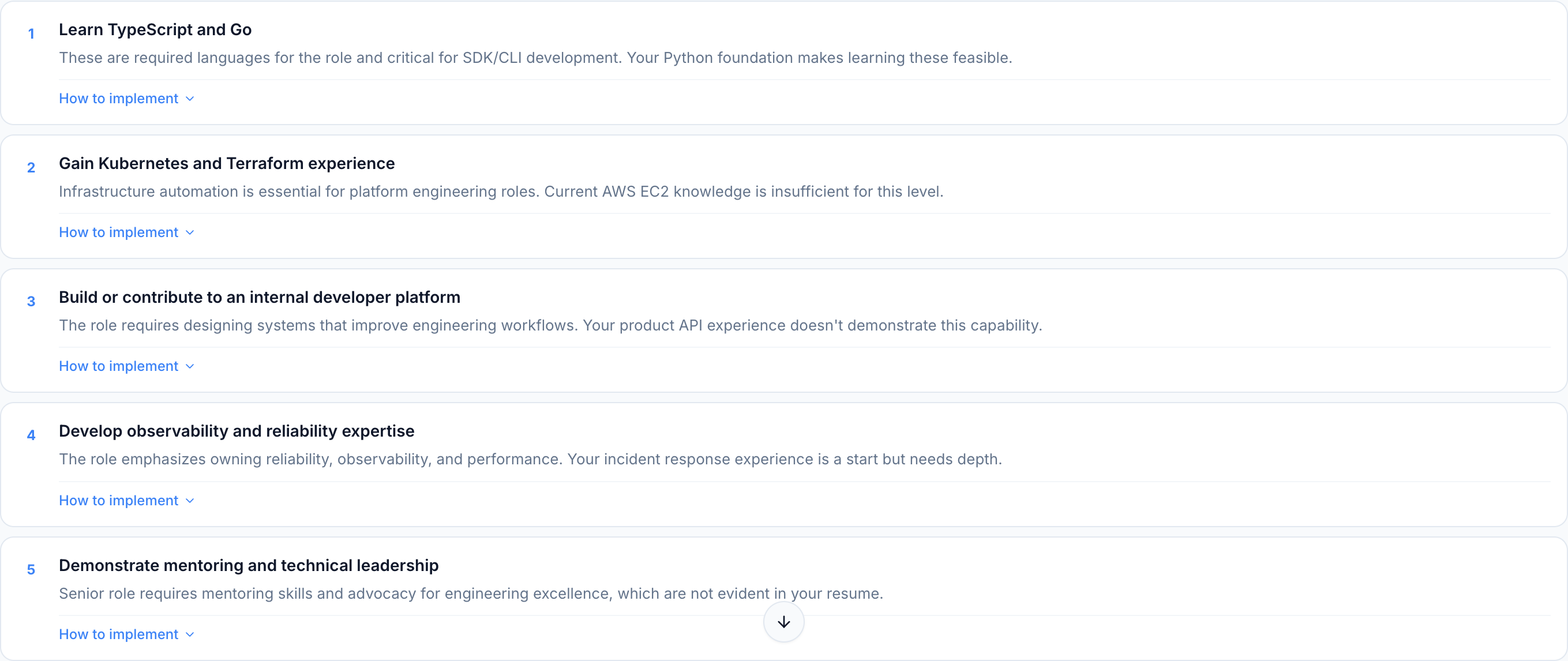 JobJam recommendations for Ana Costa — 5 specific actions to close the gap