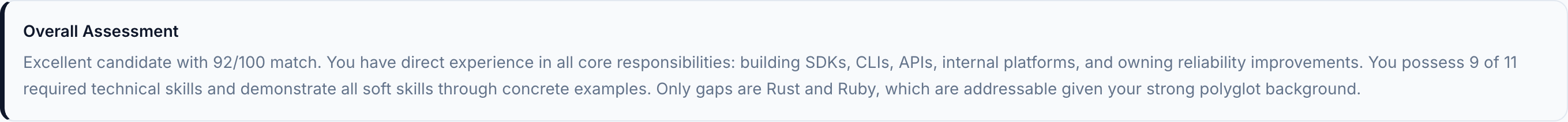 JobJam overall assessment for James Okonkwo — direct experience in all core responsibilities