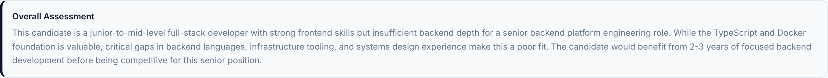 JobJam overall assessment for Lena Vogel — junior-to-mid full-stack, insufficient backend depth for senior role