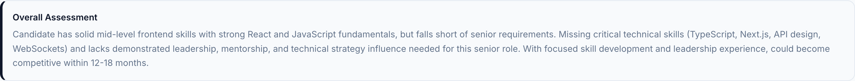 JobJam overall assessment for Priya Nair — solid mid-level skills but falls short of senior requirements