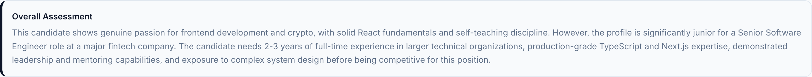 JobJam overall assessment for Tom Becker — significantly junior for a Senior Software Engineer role at a major fintech