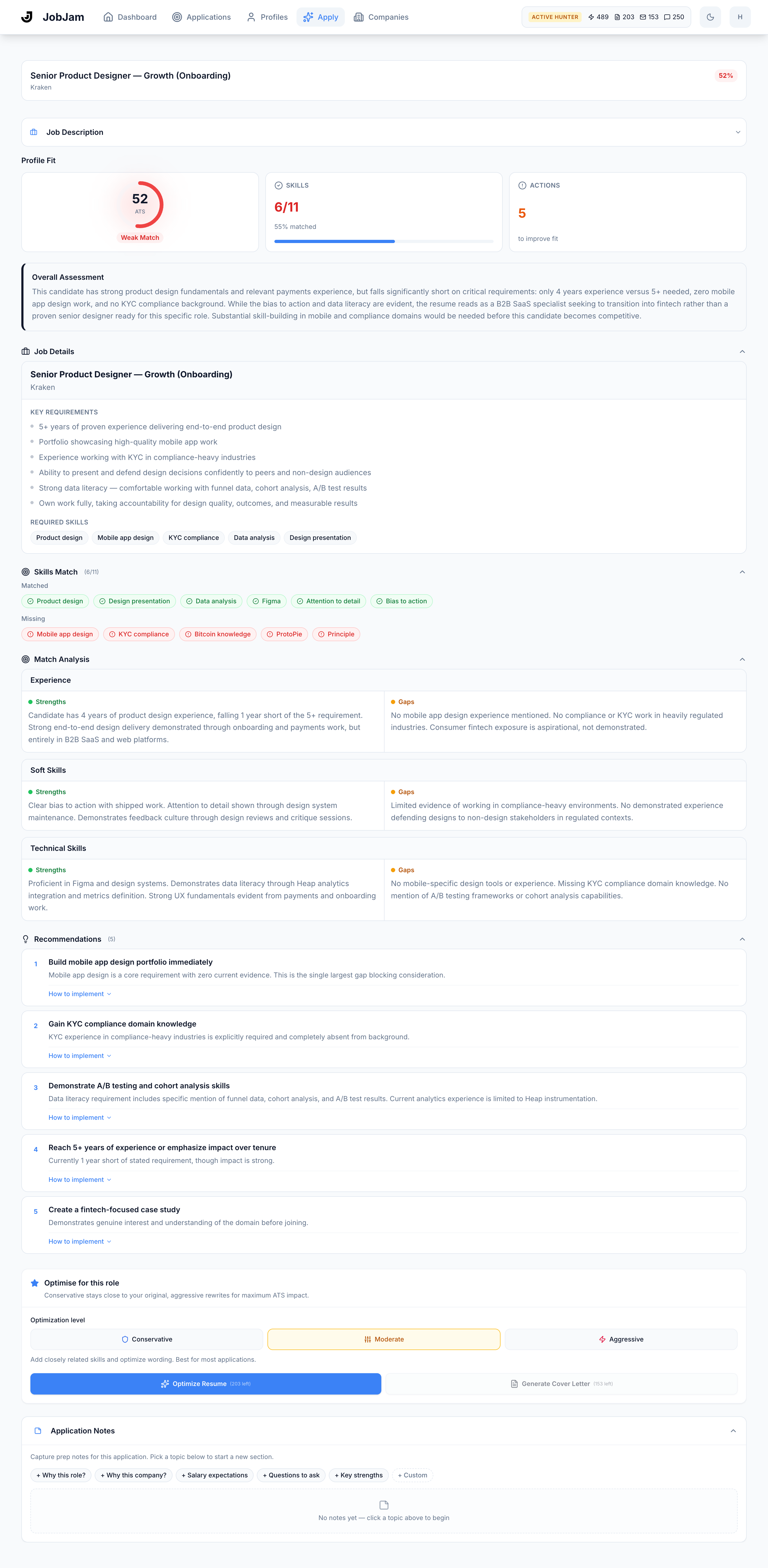 Full JobJam dashboard for Marcus Bell's evaluation against Kraken's Senior Product Designer — Growth (Onboarding) role