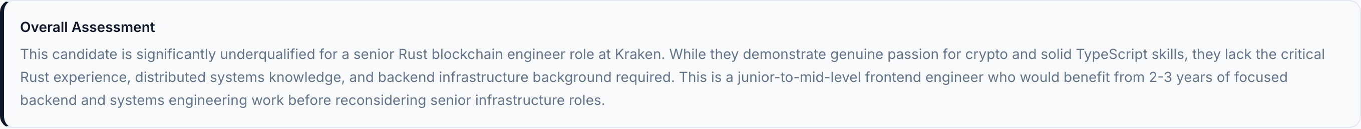Chioma's technical assessment highlighting the significant gaps in backend systems and Rust experience