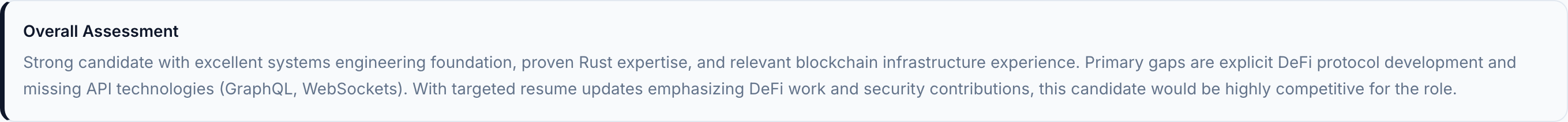 Dmitri's technical assessment highlighting his production Rust experience and blockchain infrastructure work