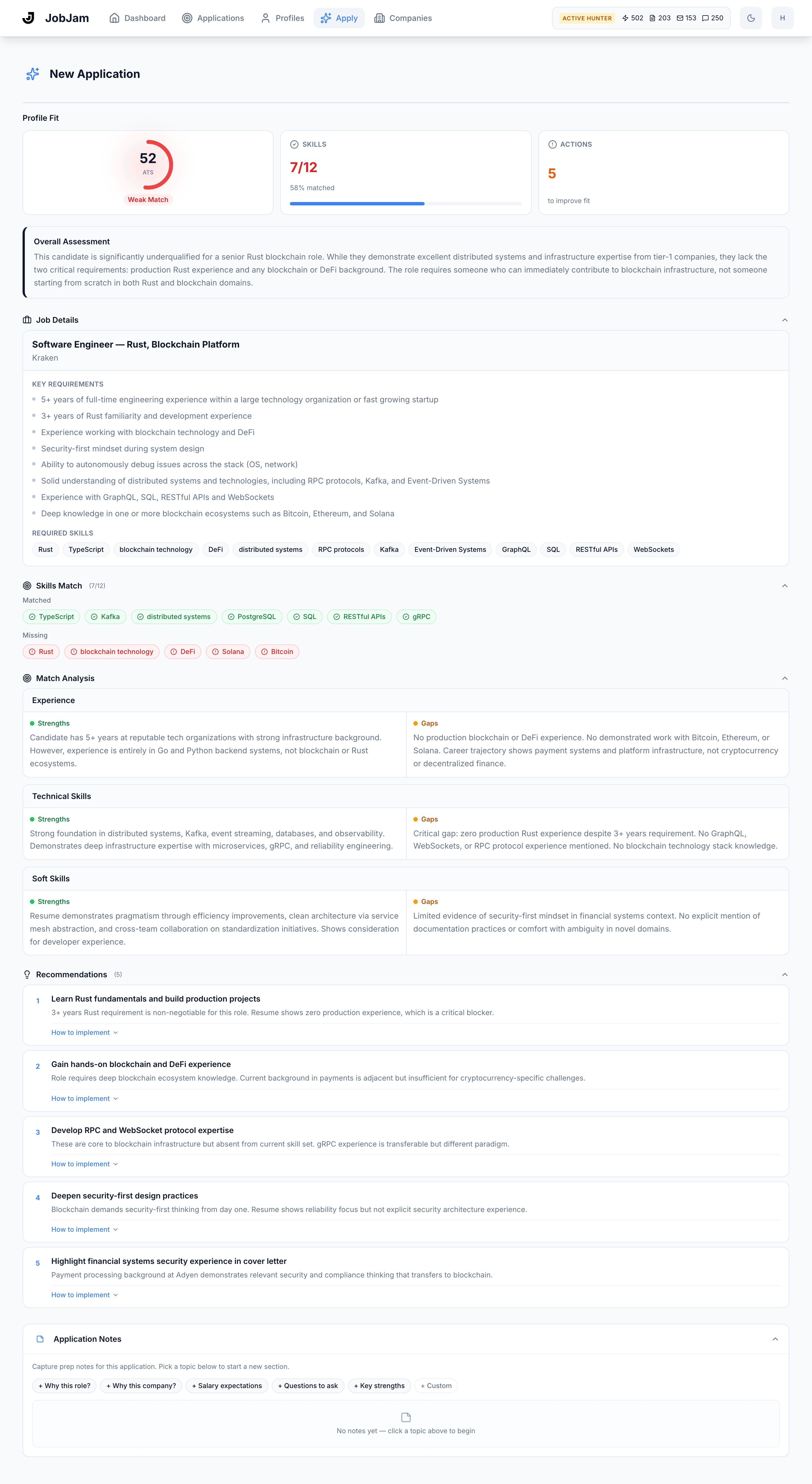 Full JobJam dashboard showing Yuki's complete evaluation with detailed scoring breakdown and analysis