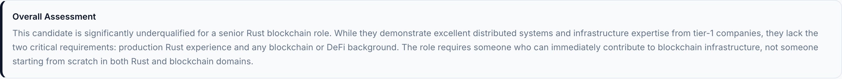 Yuki's technical assessment showing platform engineering strengths but missing core requirements