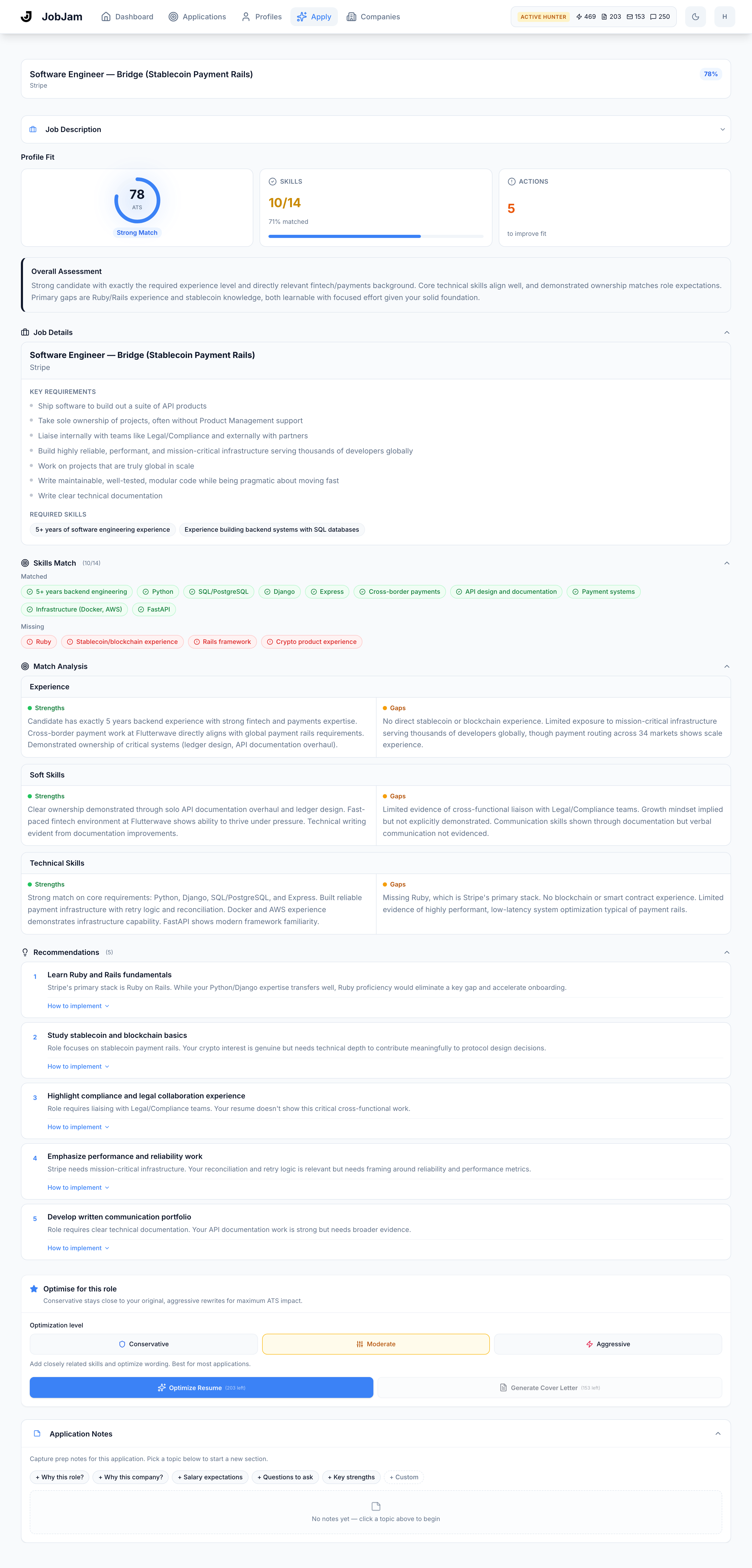 Full JobJam dashboard for Daniel Osei's evaluation against Stripe's Software Engineer — Bridge (Stablecoin Payment Rails) role