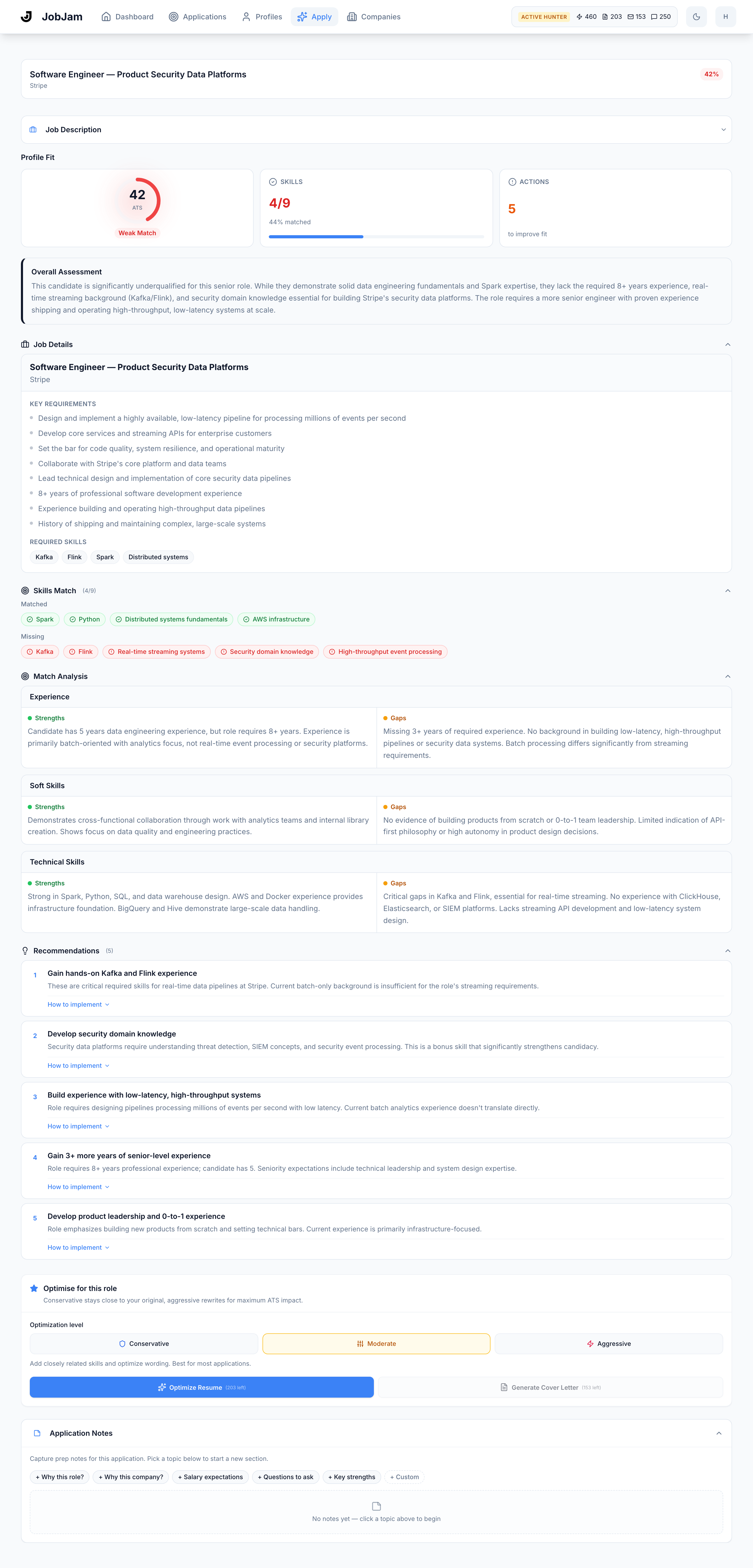 Full JobJam dashboard for Amara Diallo's evaluation against Stripe's Software Engineer — Product Security Data Platforms role