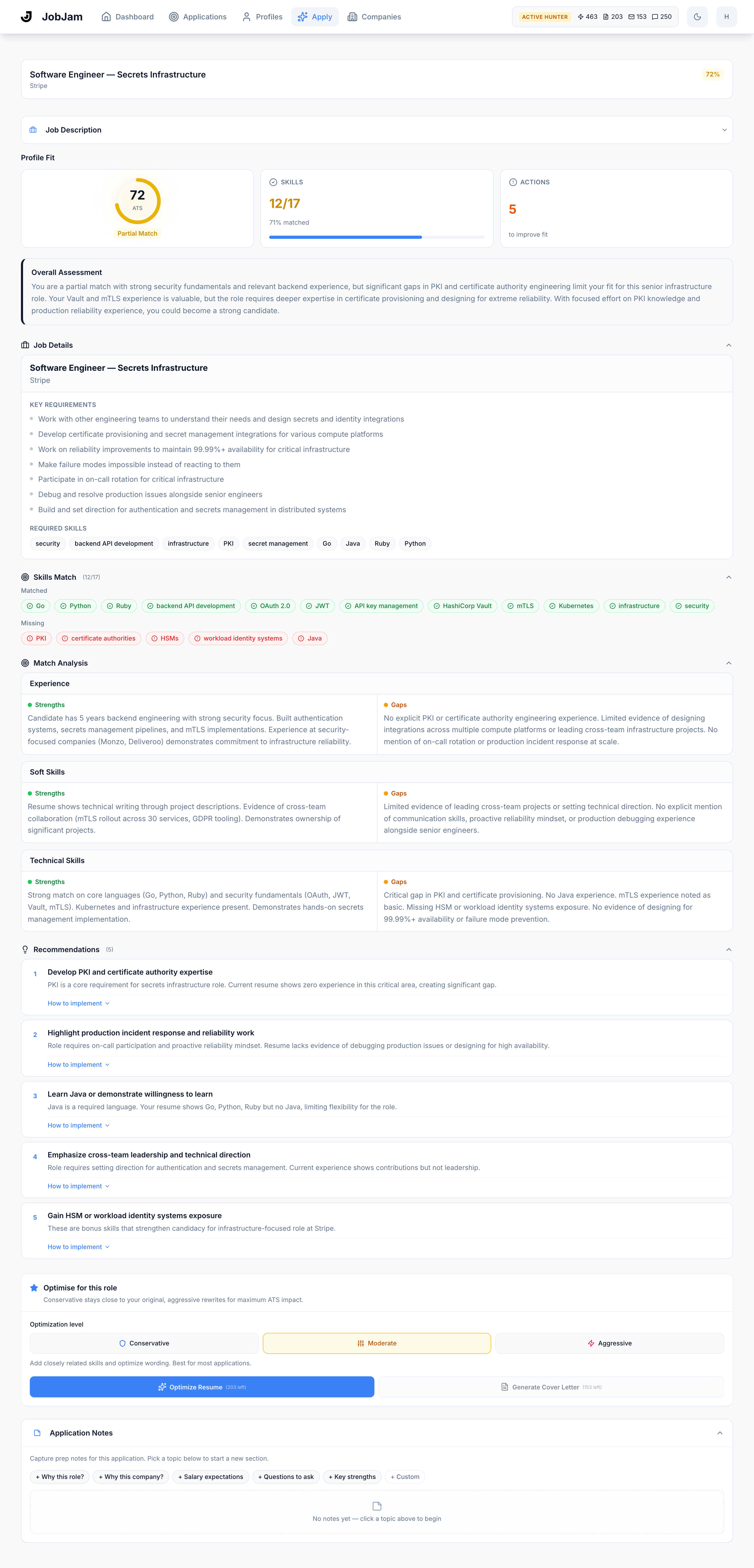 Full JobJam dashboard for Victor Nwosu's evaluation against Stripe's Software Engineer — Secrets Infrastructure role